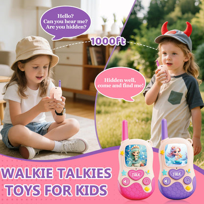 Two pack of JKGIFTS kids rechargeable walkie talkies with mermaid motifs showcasing the child friendly button layout.