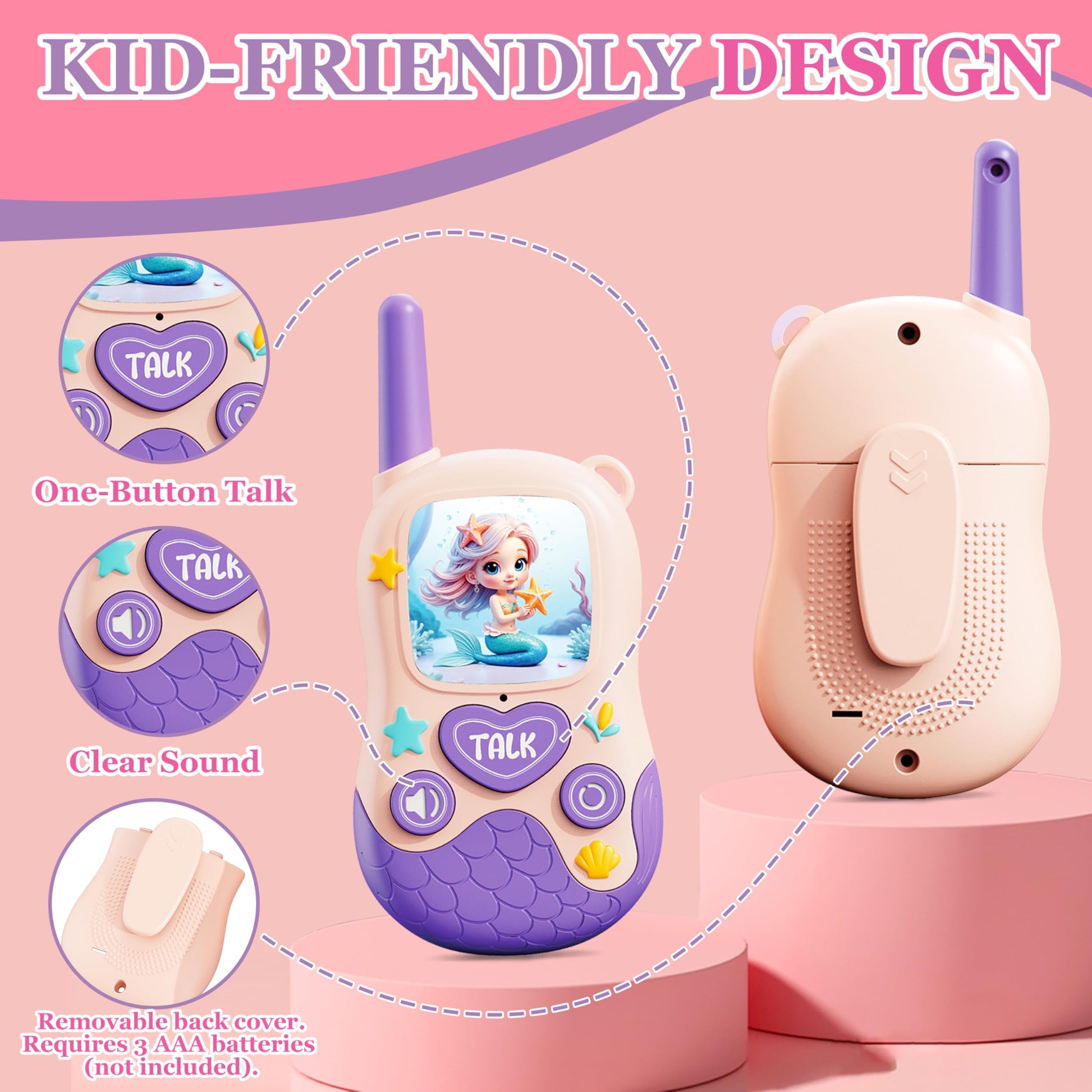 Side profile of JKGIFTS interactive two way radio toy for girls displaying the durable ABS plastic construction and USB-C port.