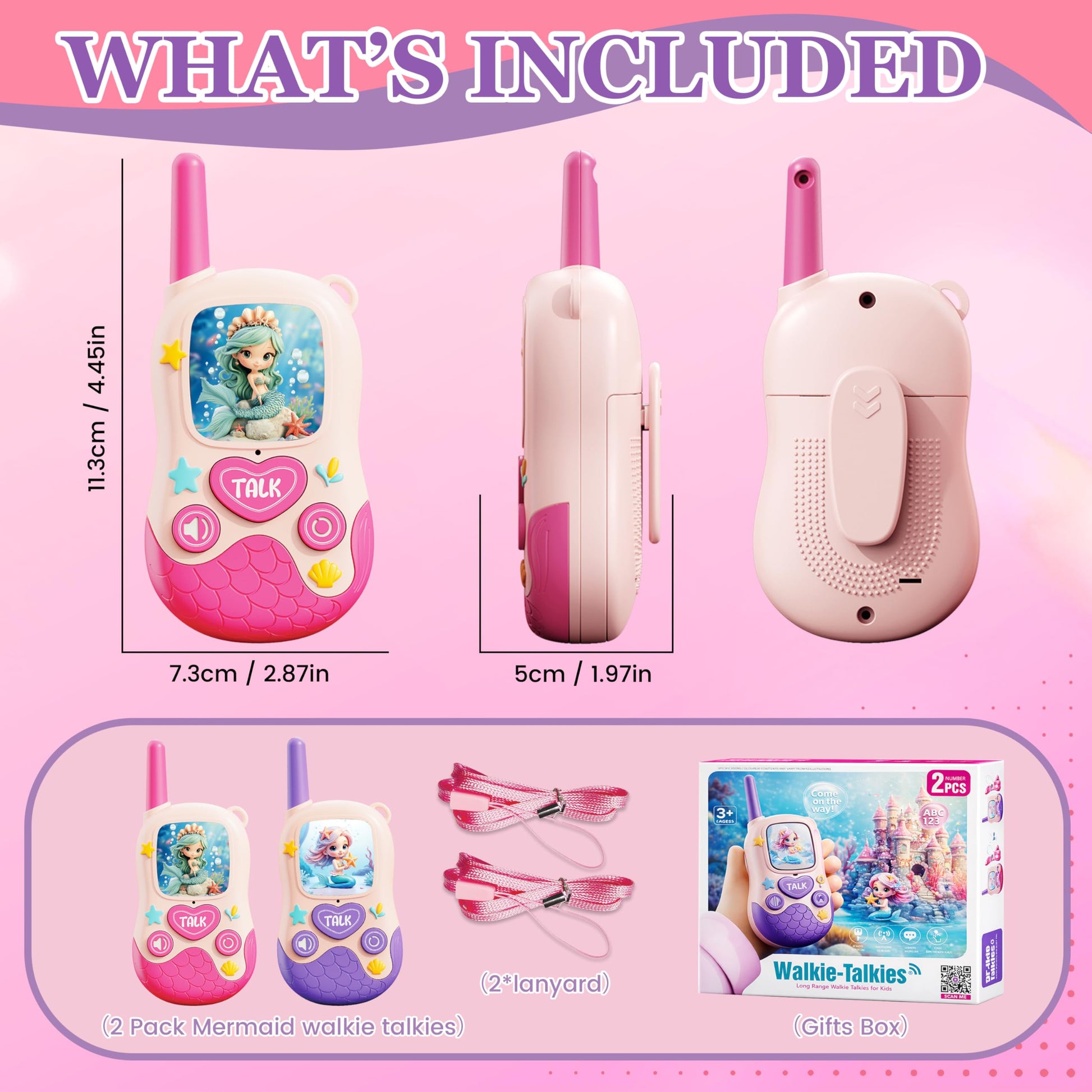 A pair of JKGIFTS mermaid themed communication radios standing upright to show the compact lightweight size for toddlers.