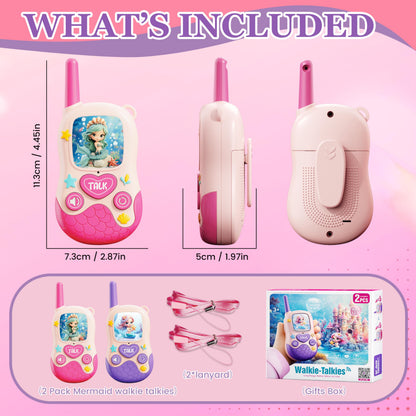 A pair of JKGIFTS mermaid themed communication radios standing upright to show the compact lightweight size for toddlers.