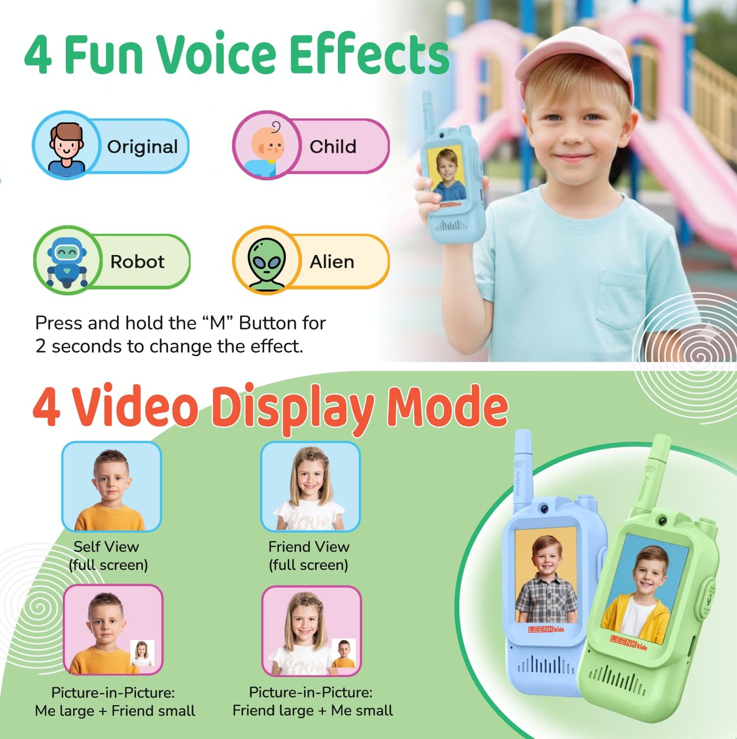Children playing outdoors using LEENK long distance video walkie talkies in an open field