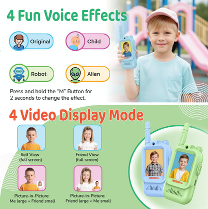 Children playing outdoors using LEENK long distance video walkie talkies in an open field