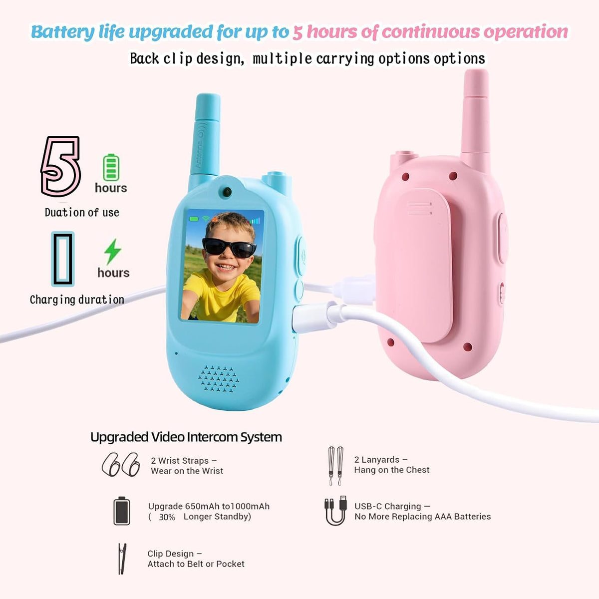 Close-up of the HD display screen on the Zipvac children's walkie-talkie demonstrating the live video calling feature.