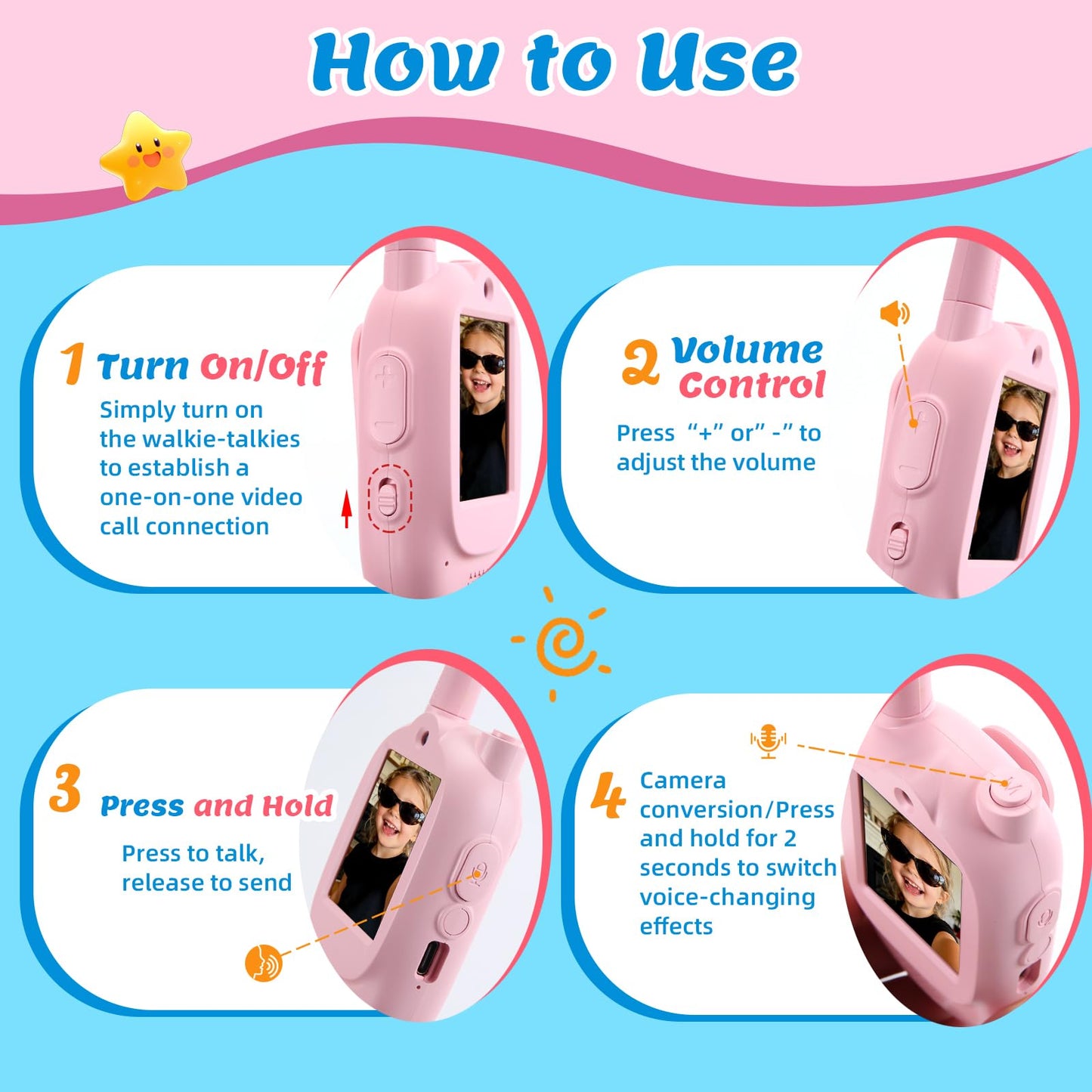 Infographic showing the 1600 feet outdoor range and the integrated voice changer button functions on the Zipvac kids device.