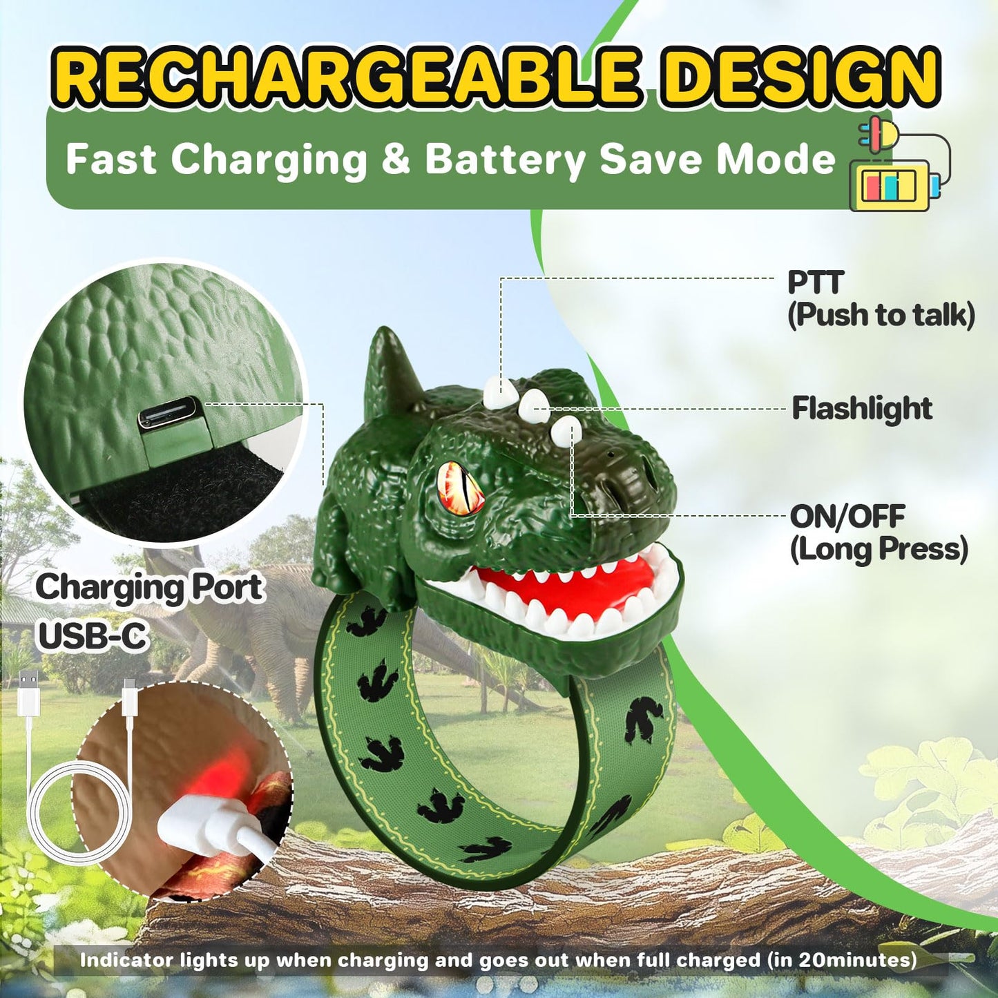 Cxjoigxi rechargeable wrist walkie talkies showing the built-in LED flashlight and adjustable strap.