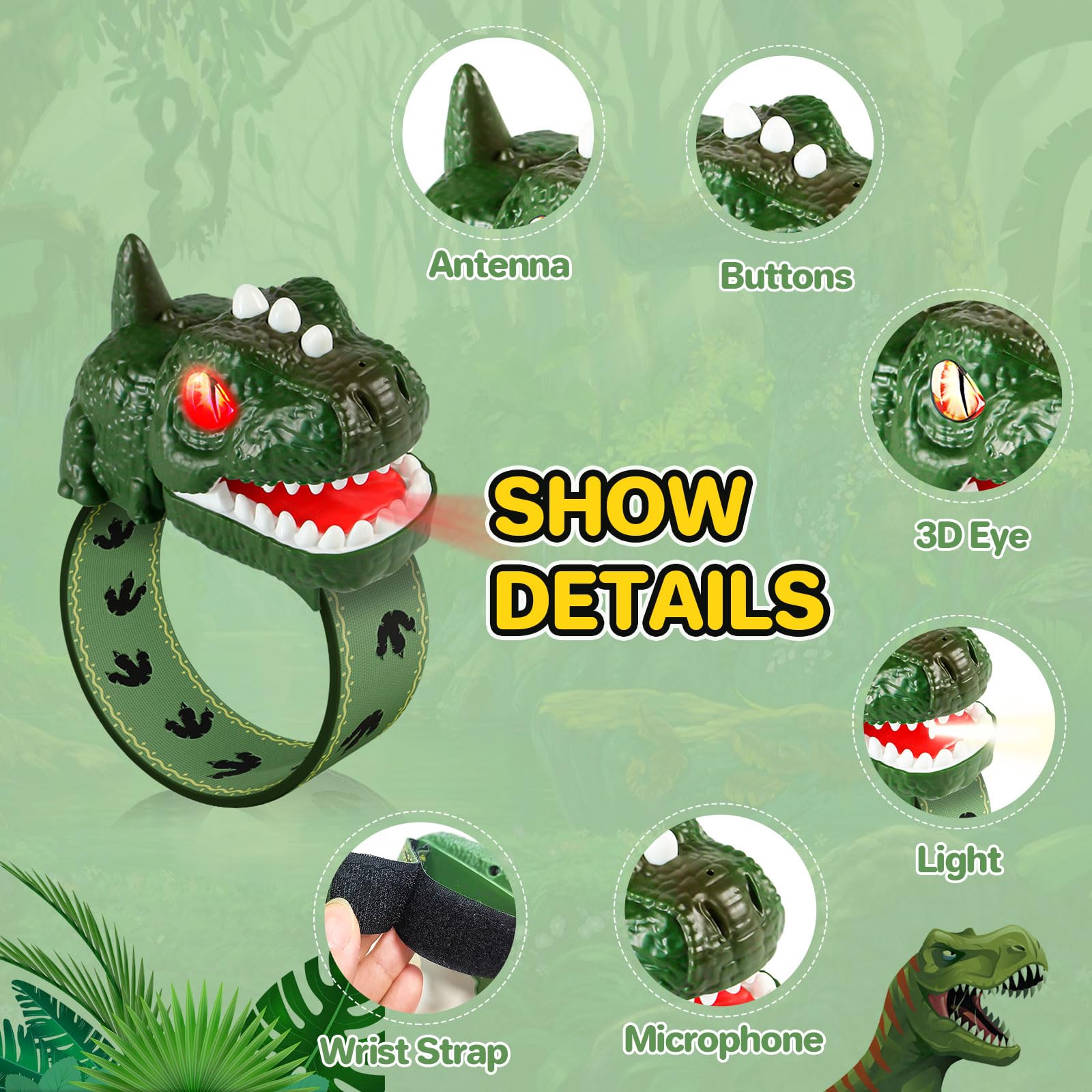 Two pack dinosaur toys featuring green and brown T-Rex walkie talkies for outdoor camping.