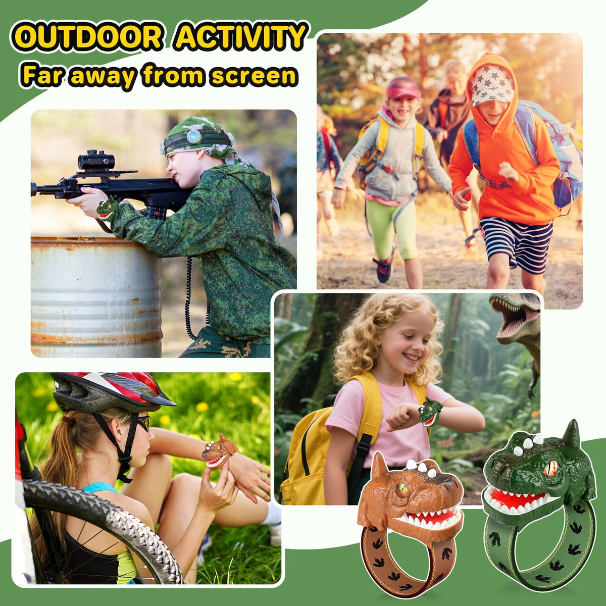 Kids wearing the T-Rex wrist walkie talkies during an outdoor backyard adventure game.