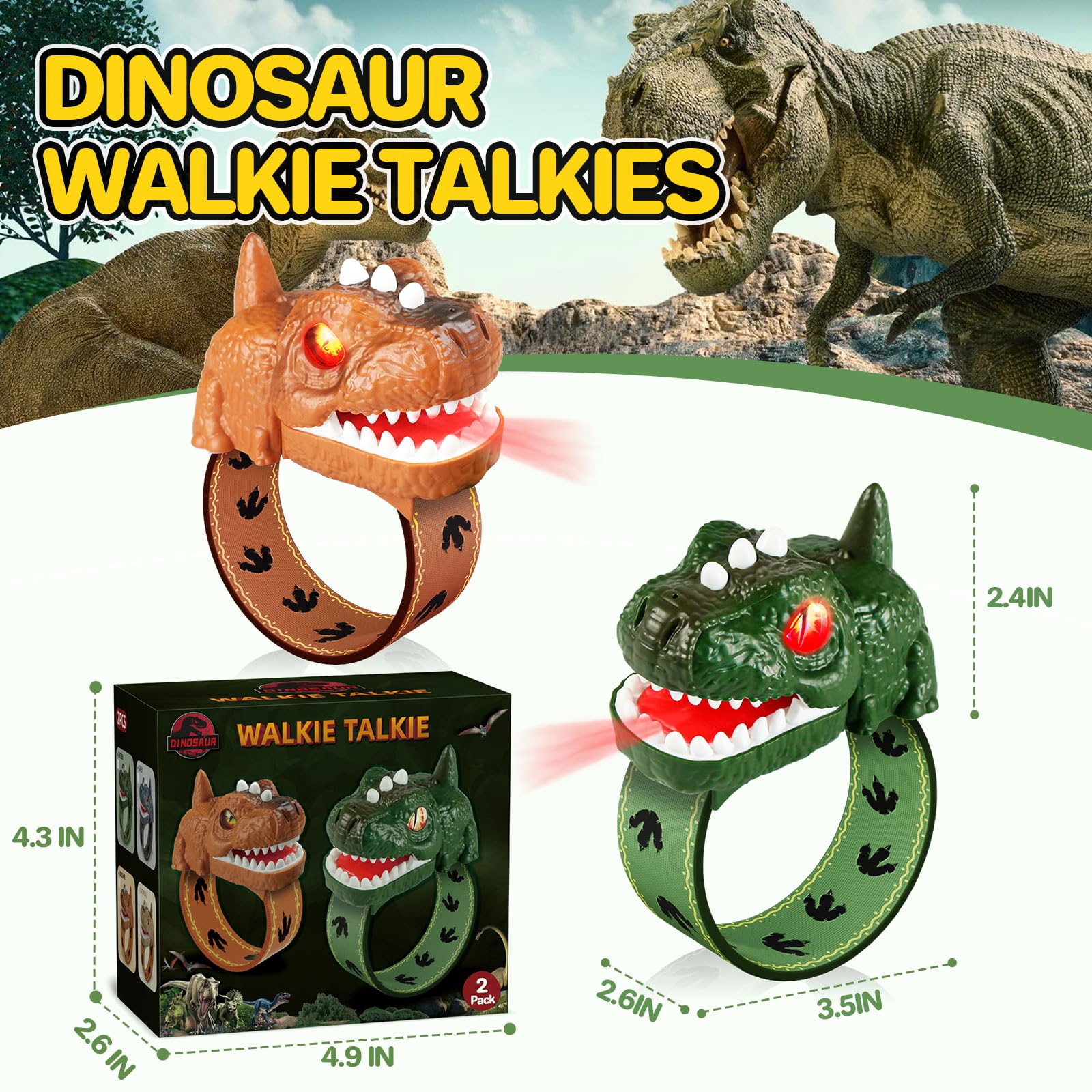 Cxjoigxi dinosaur walkie talkies showing the USB charging port connection and red indicator light.