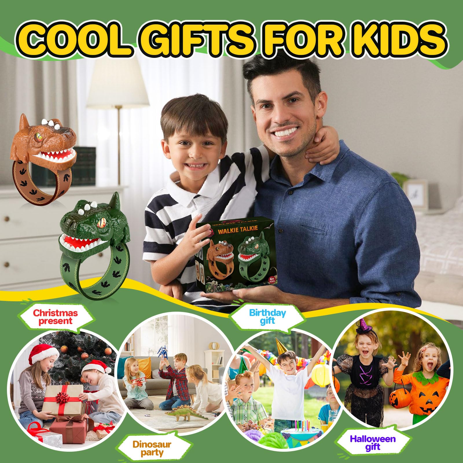 Packaging box layout of the Cxjoigxi rechargeable dinosaur walkie talkie set for holiday gifting.