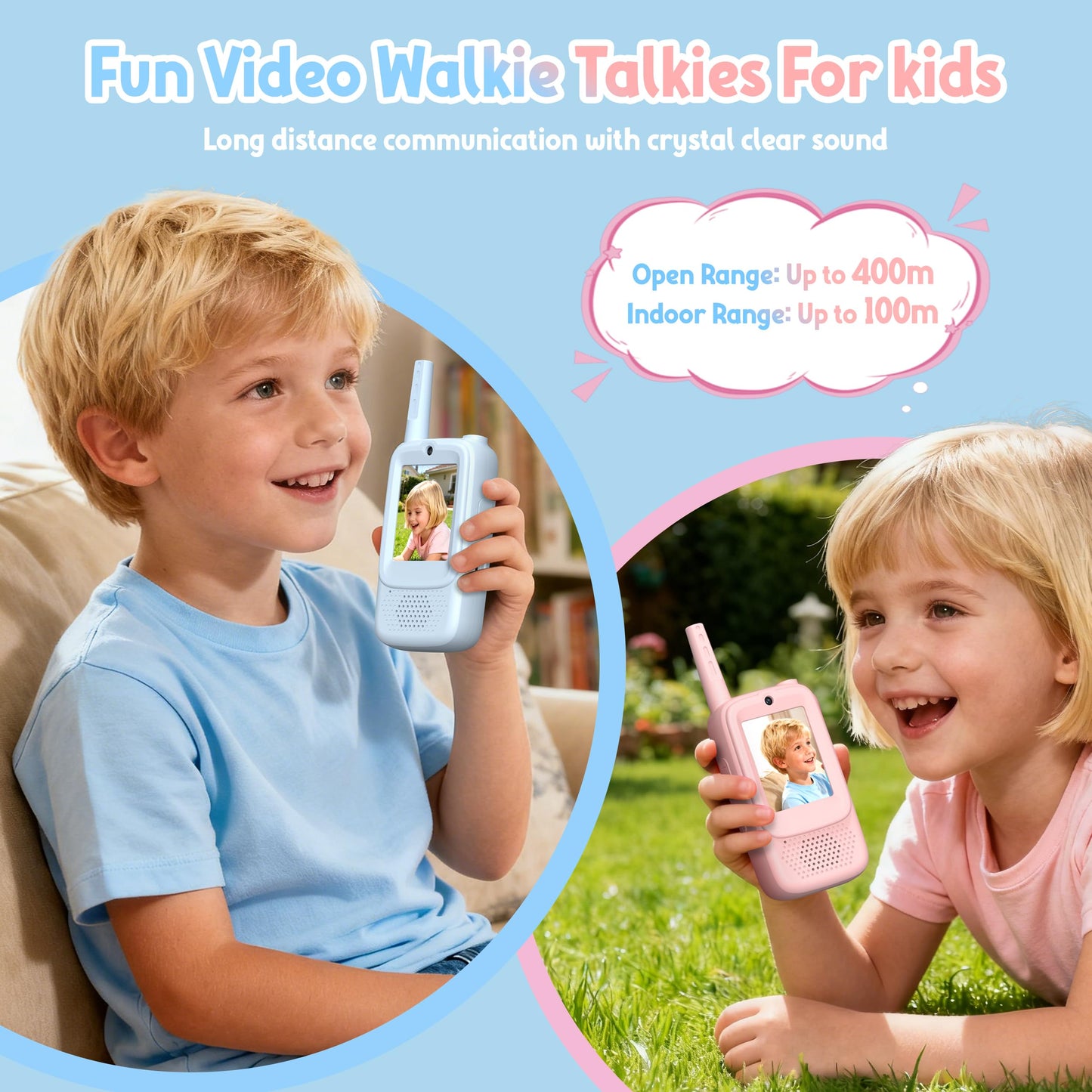 Two pack rechargeable kids video intercom toys with high definition screen display illuminated
