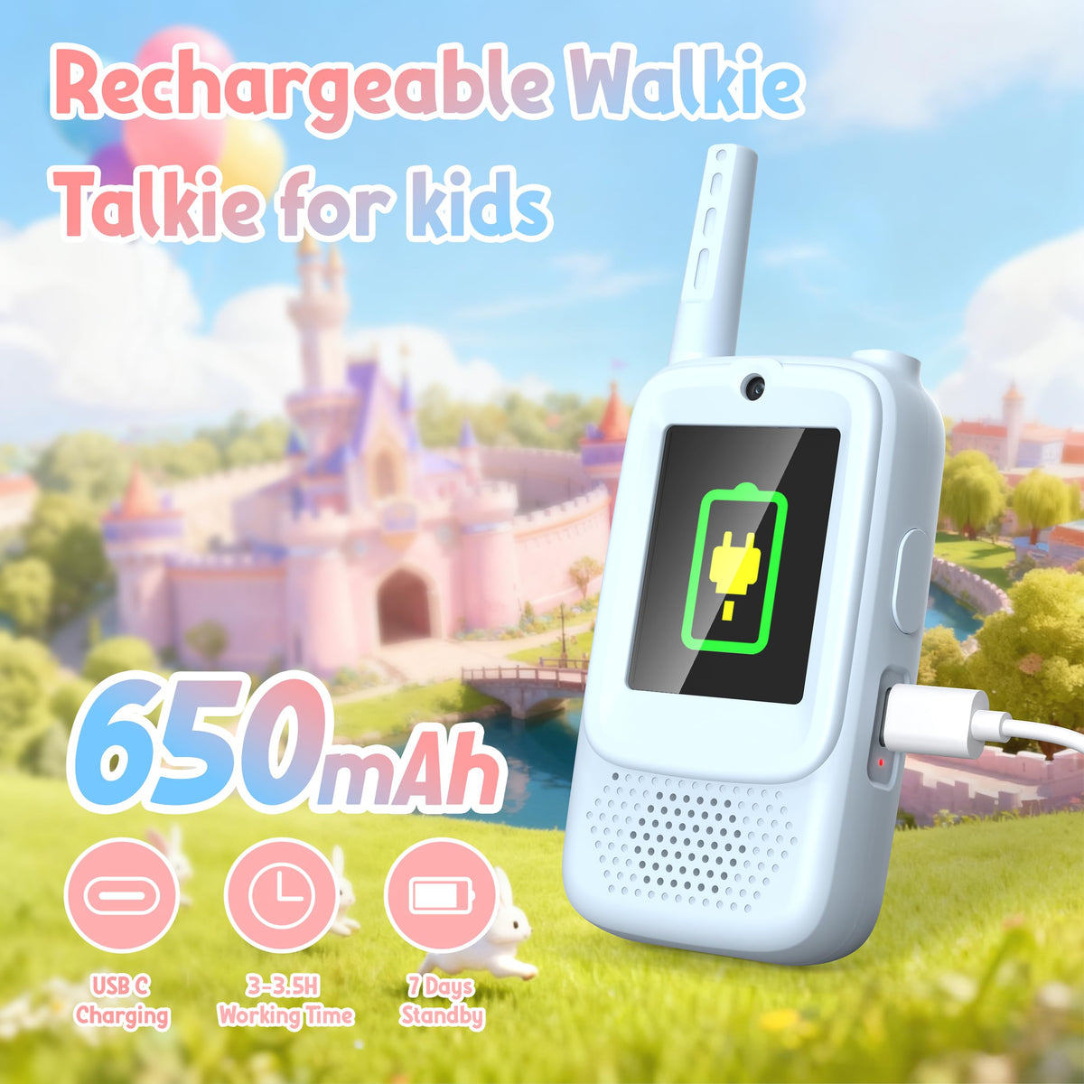 Rechargeable kids video call walkie talkie units showing the universal serial bus type C charging port setup