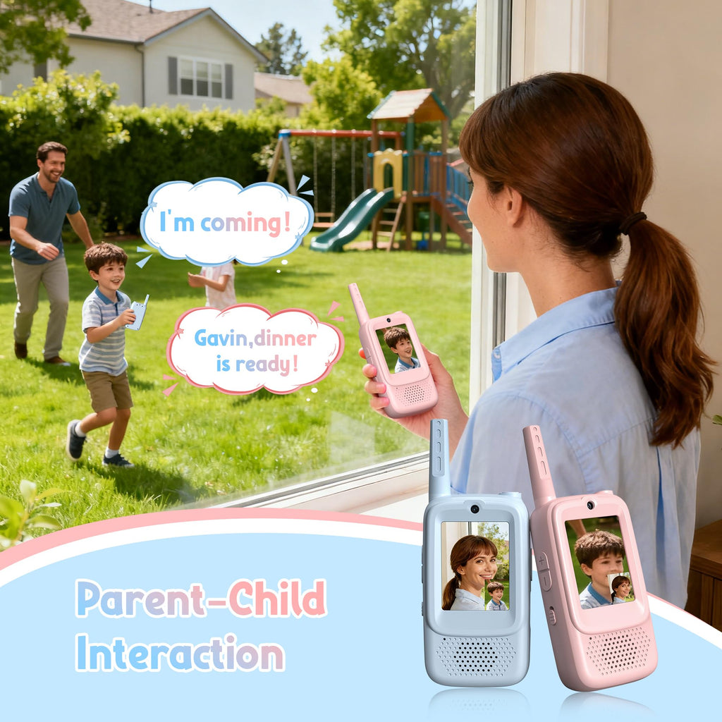 ESSEN long range children walkie talkies with camera display screen showing face to face chat feature