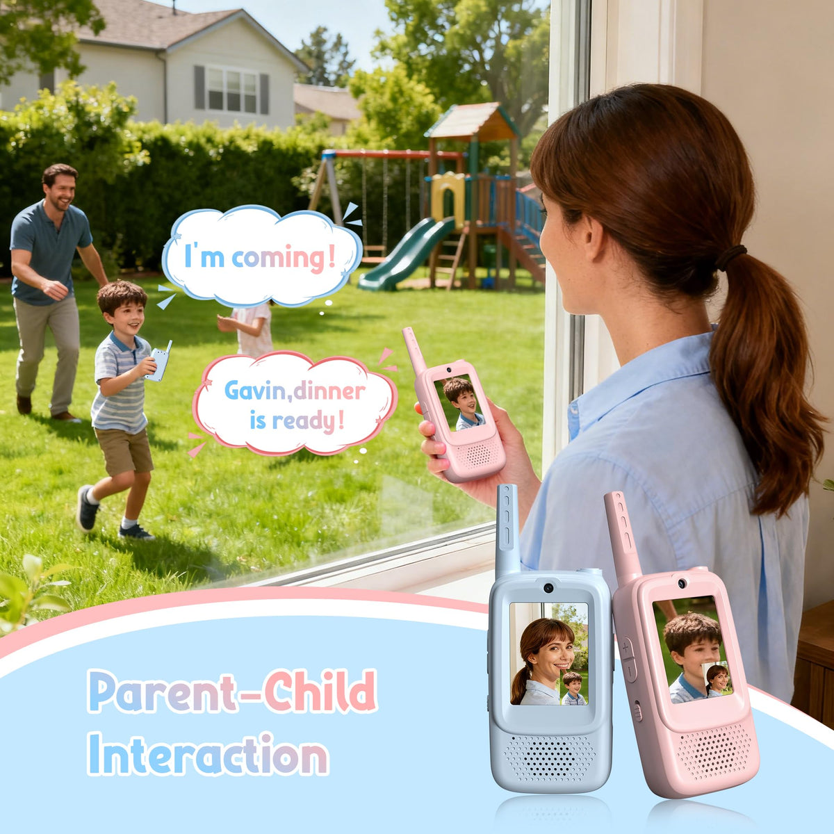 ESSEN long range children walkie talkies with camera display screen showing face to face chat feature