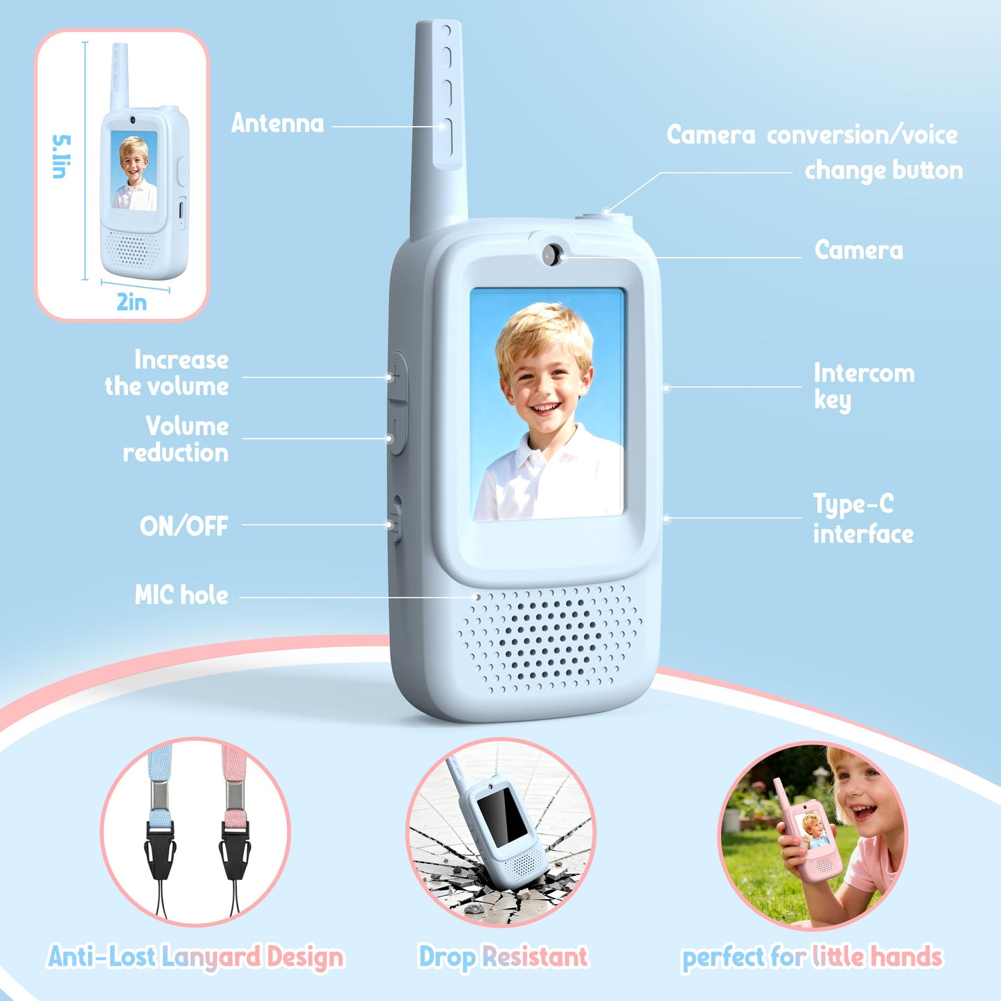 Pink and blue children electronic intercom devices with built in interactive voice changer buttons