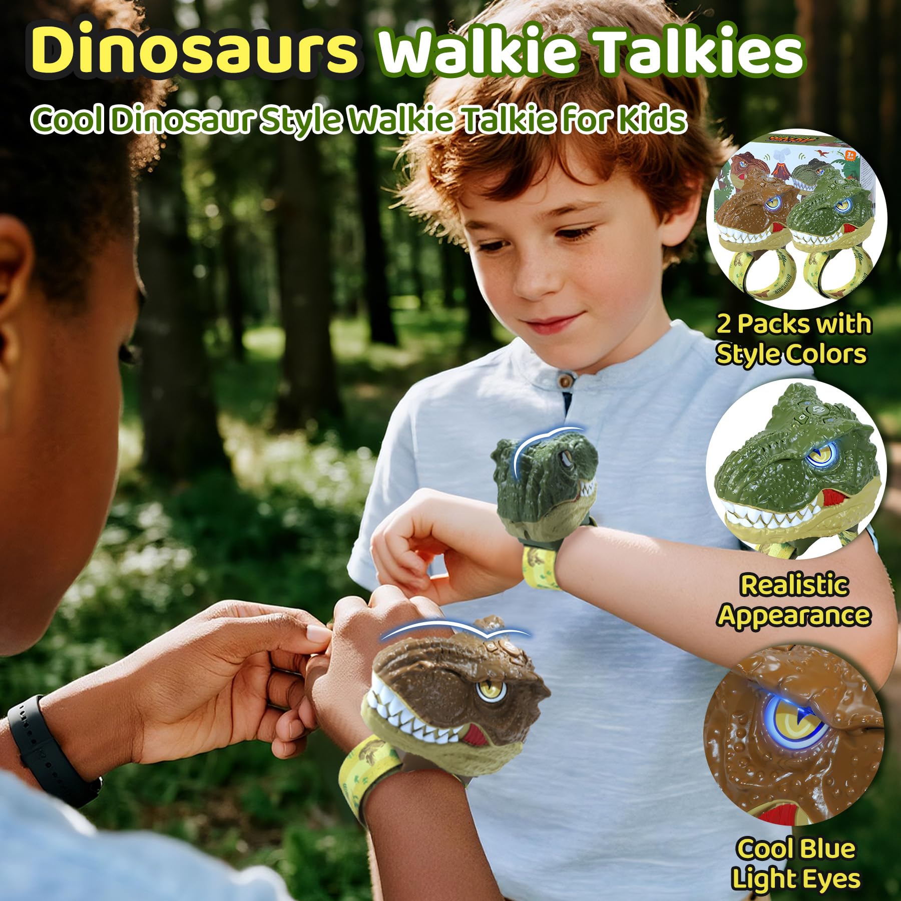 Children wearing the Vvinca dinosaur watch two way radios during an outdoor backyard camping adventure