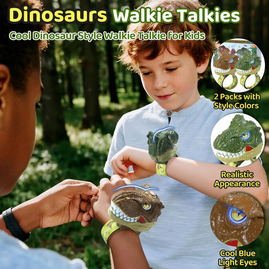 Children wearing the Vvinca dinosaur watch two way radios during an outdoor backyard camping adventure