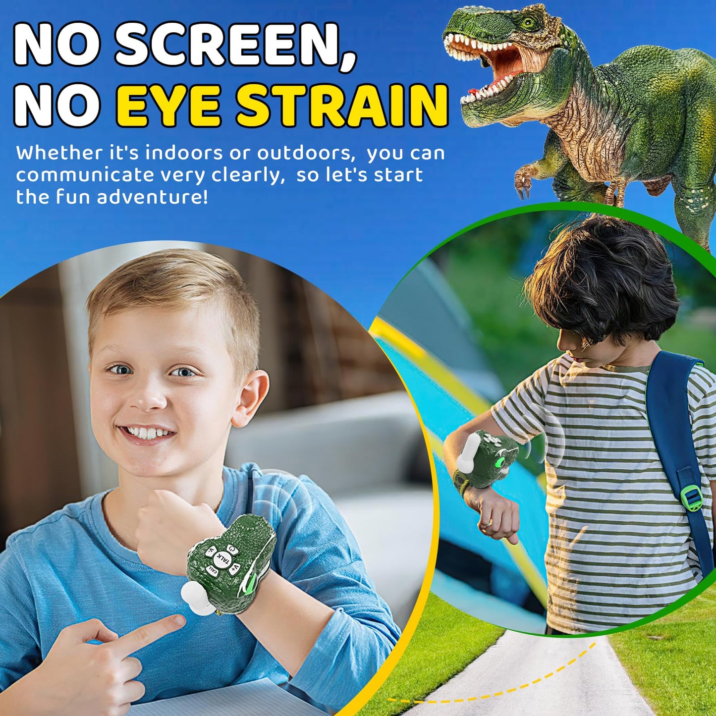 Two pack wearable kids walkie talkies with adjustable wristbands.