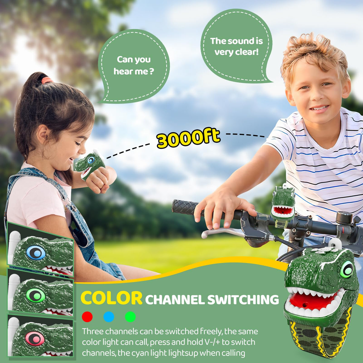 Dinosaur theme two way radios showcasing the simple push to talk button.