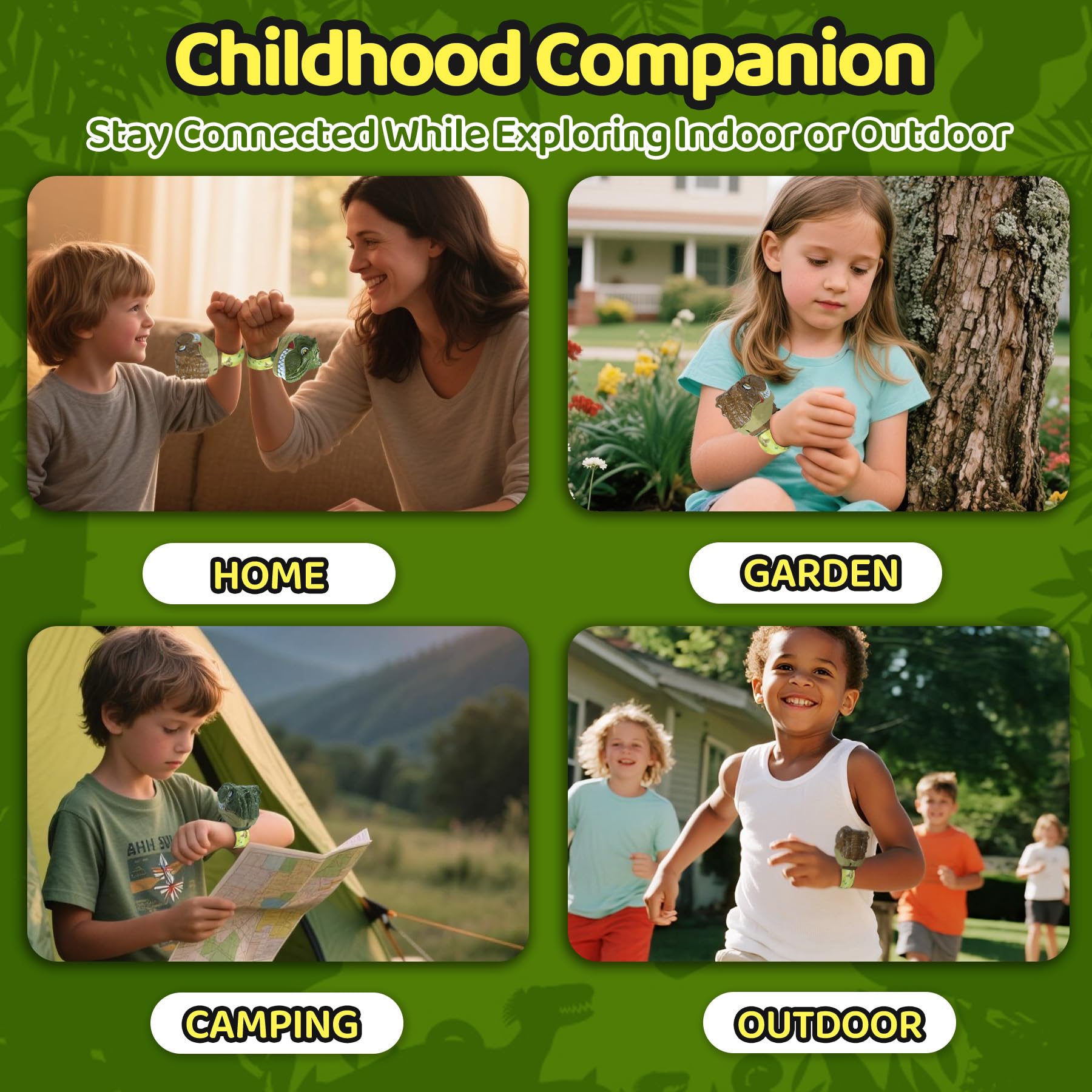 Kids playing hide and seek outside using the 1000 feet long range Vvinca dinosaur communication watch