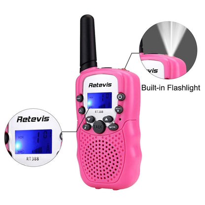 Retevis children pink two way radios with active backlit displays and belt clips attached