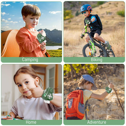 Green T-Rex kids walkie talkies showing the lightweight compact design.