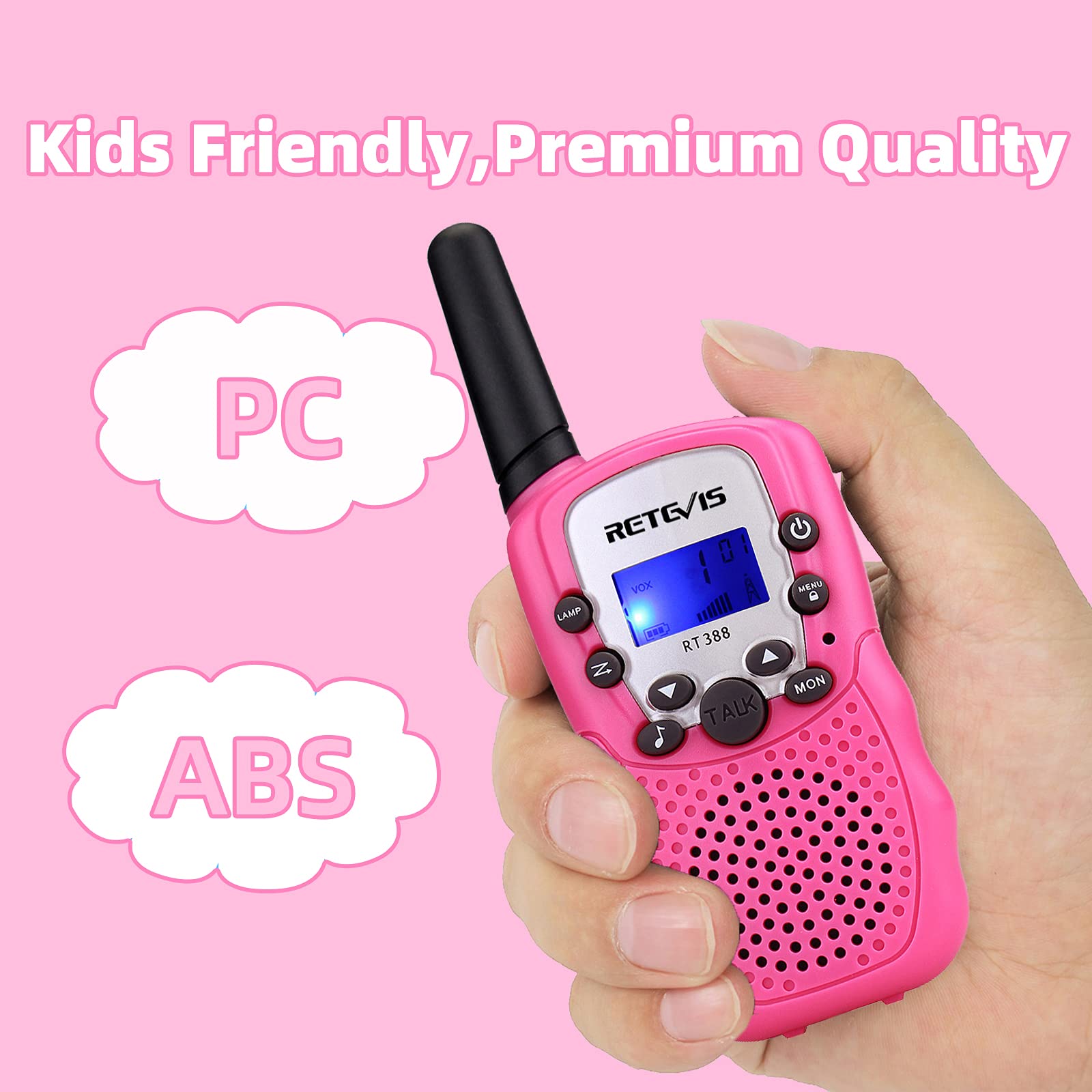 Durable pink kids walkie talkies showing the integrated top flashlight feature for outdoor play