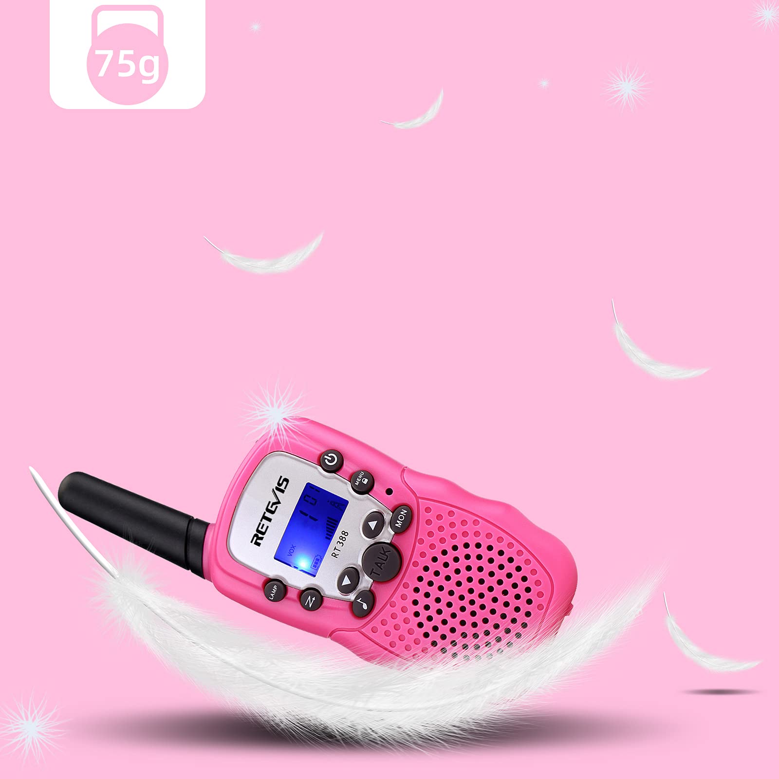 Close up of the user interface on the pink radio showing the talk button and keypad controls