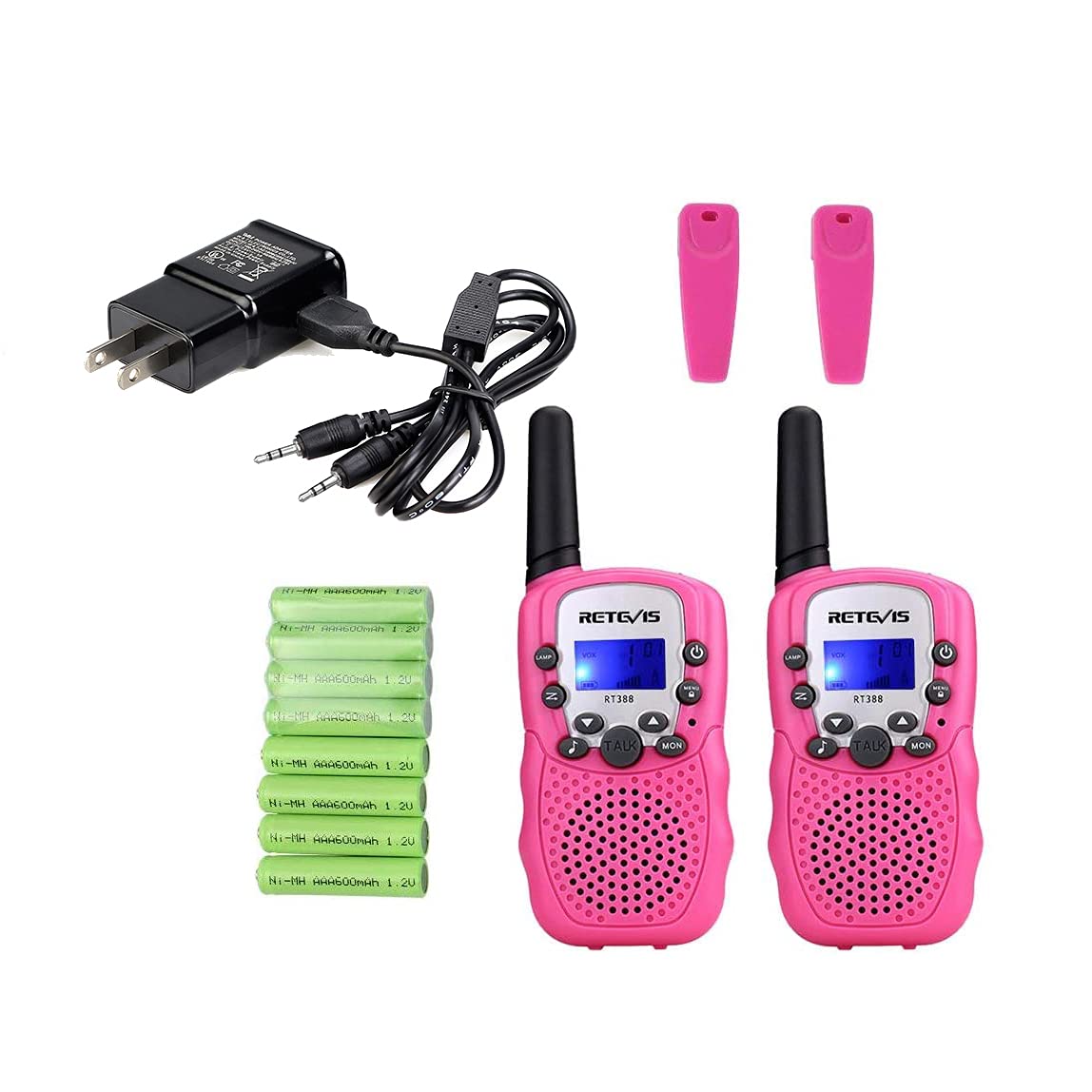 Authentic USA imported Retevis pink walkie talkies twin set placed on a clean flat surface