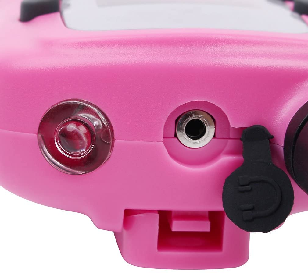 Rear view of the child friendly pink two way radios highlighting the secure battery compartment