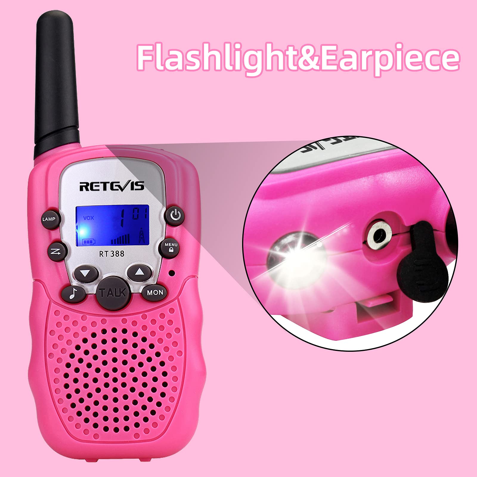 Retevis RT388 compact pink communication devices showcasing the sturdy antenna and premium plastic build