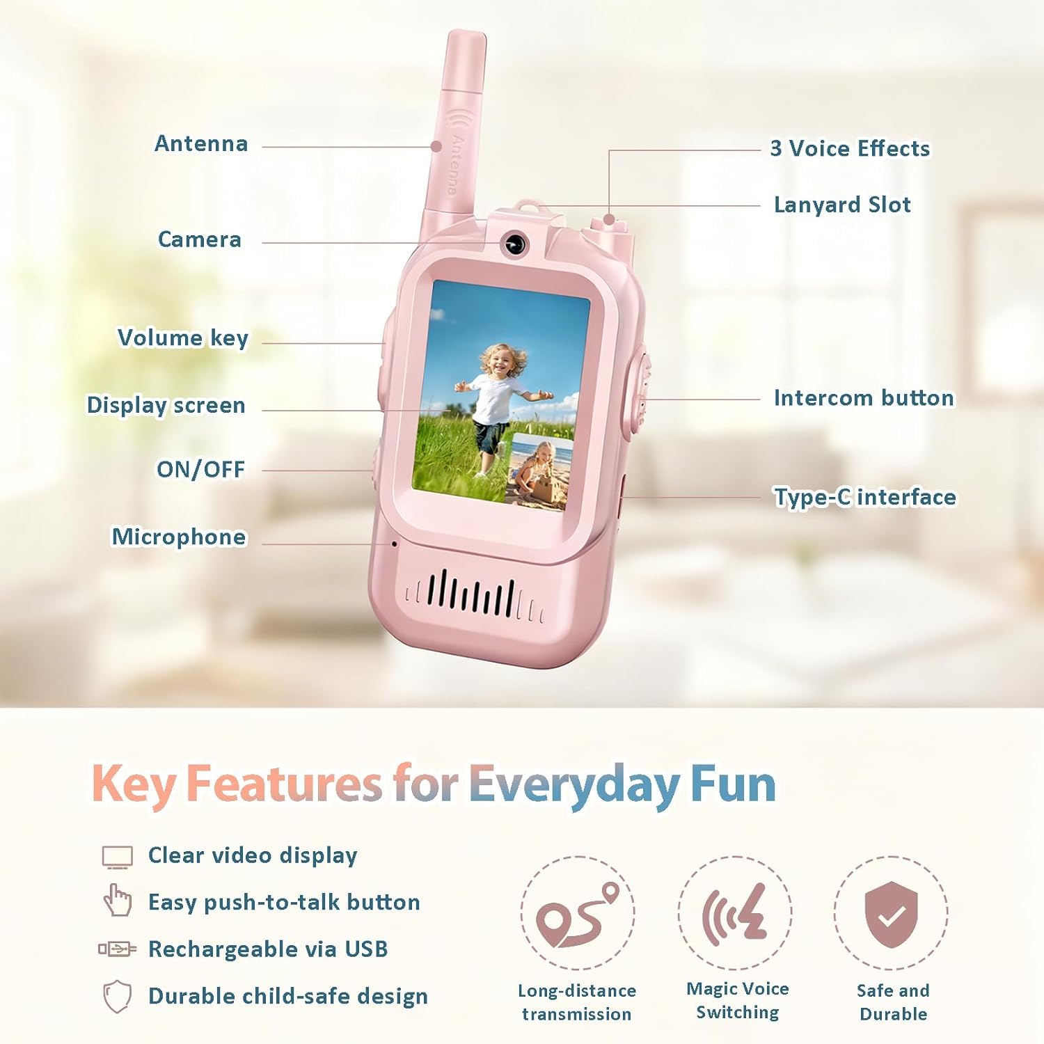 Rechargeable children visual intercom units showing side profile with push to talk buttons