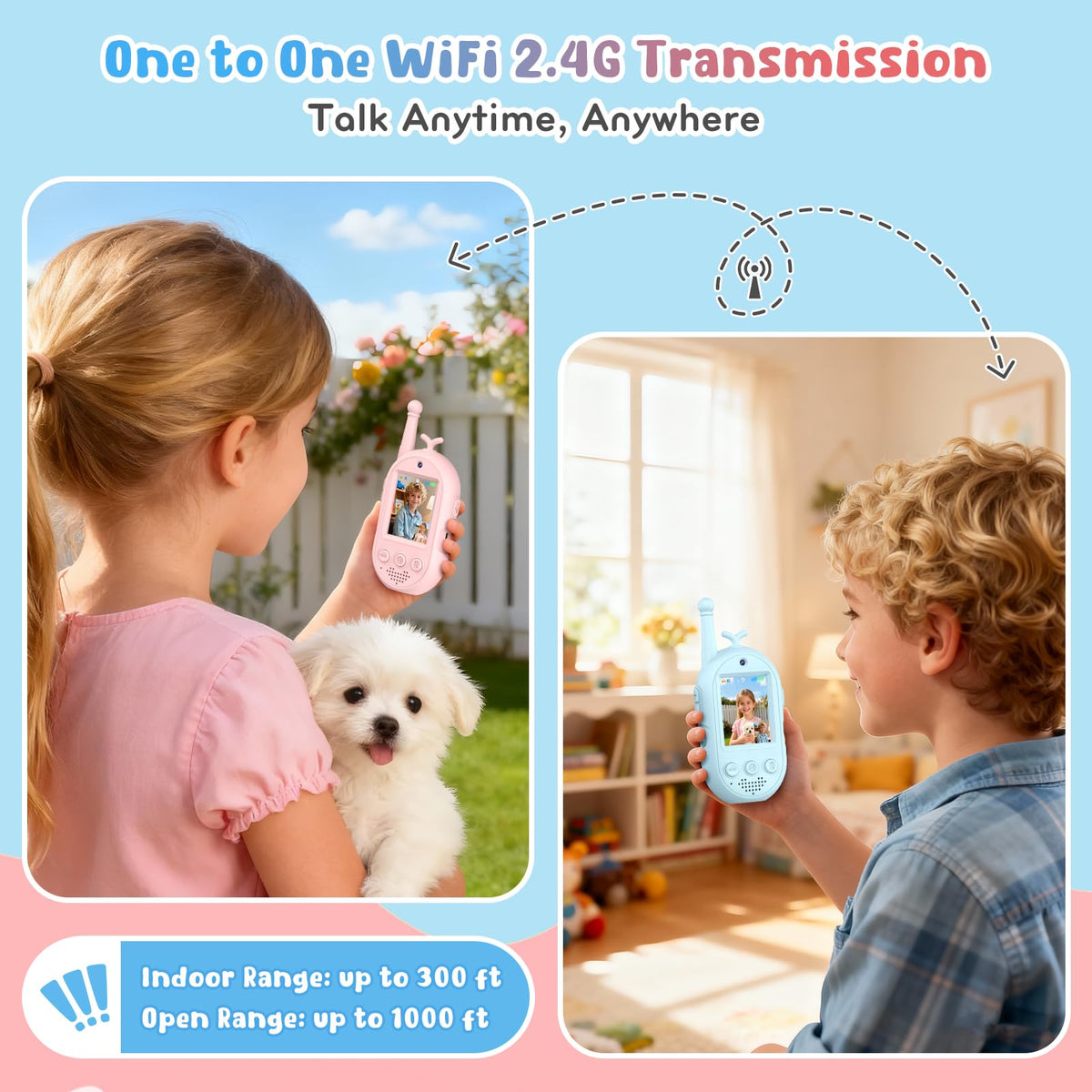 Long range walkie talkie set for boys and girls with voice changer options and sticker effect functions