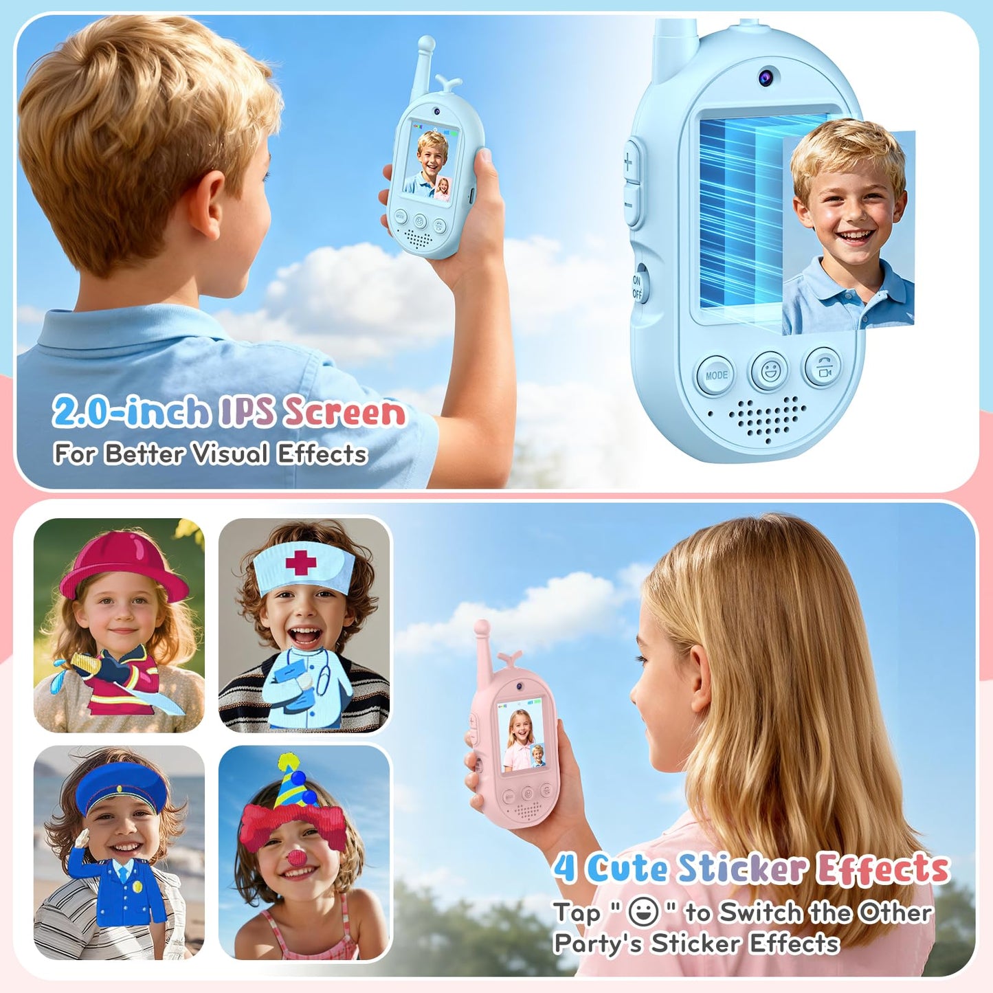 Blue and pink two way radio video call toys designed for children age three to twelve years