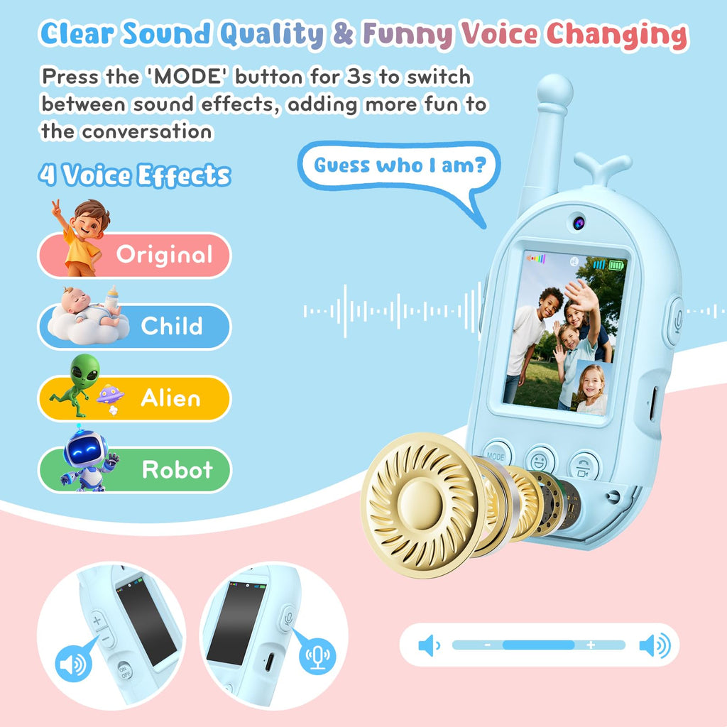 Kid friendly offline interactive video walkie talkies with drop resistant plastic construction