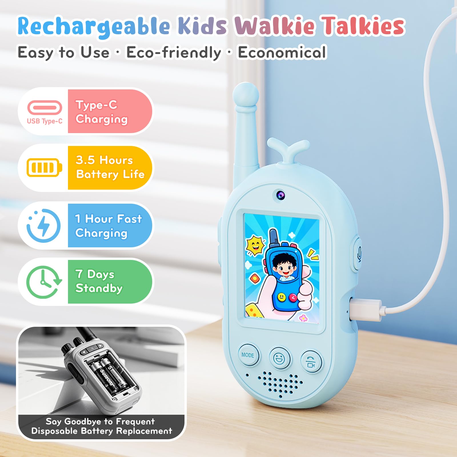 Rechargeable electronic toy set for indoor and outdoor camping activities showing USB-C ports