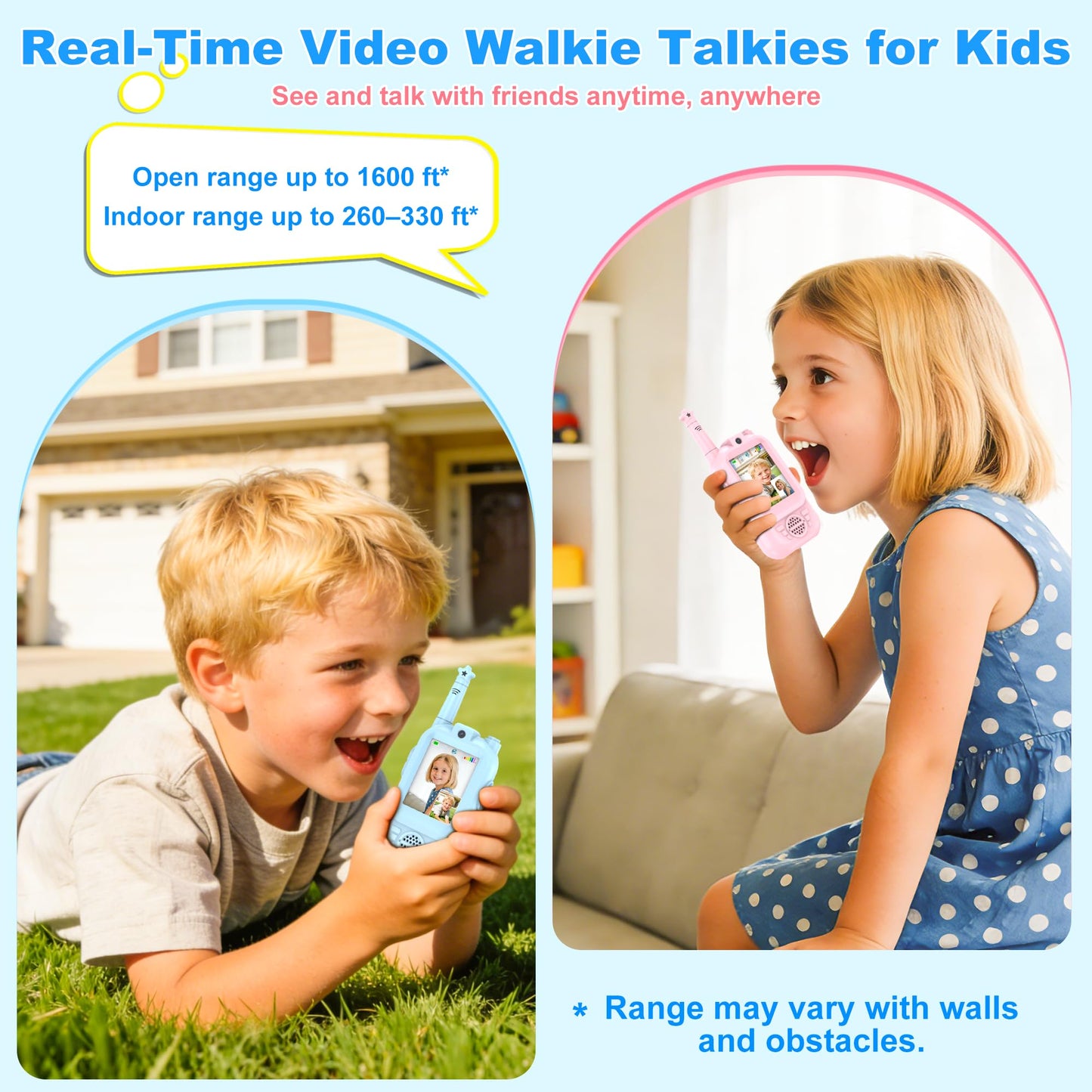 Rechargeable kids video walkie talkies demonstrating Type-C USB charging port connection on side panel