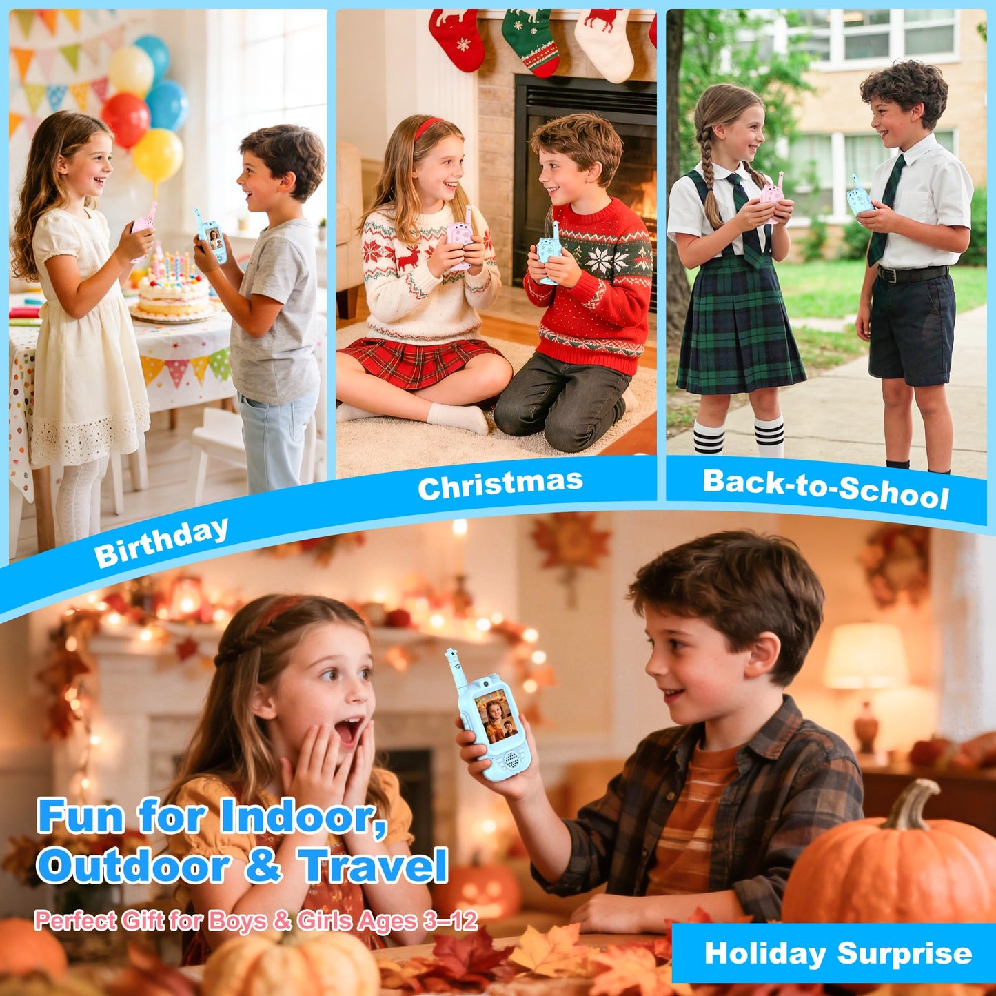 Ages three to twelve kids video walkie talkies showing the durable child safe outer shell assembly