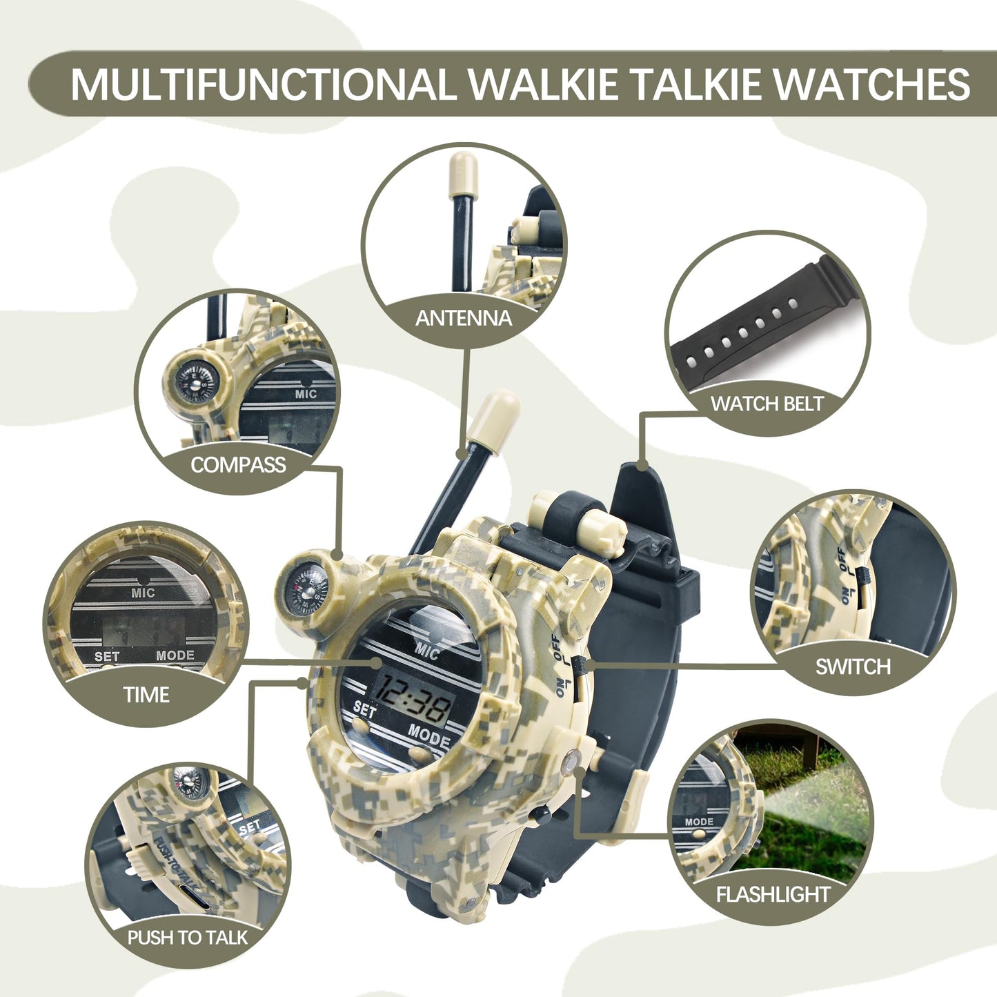 Cxjoigxi children tactical two way radio watch showing the integrated led flashlight turned on for night missions.