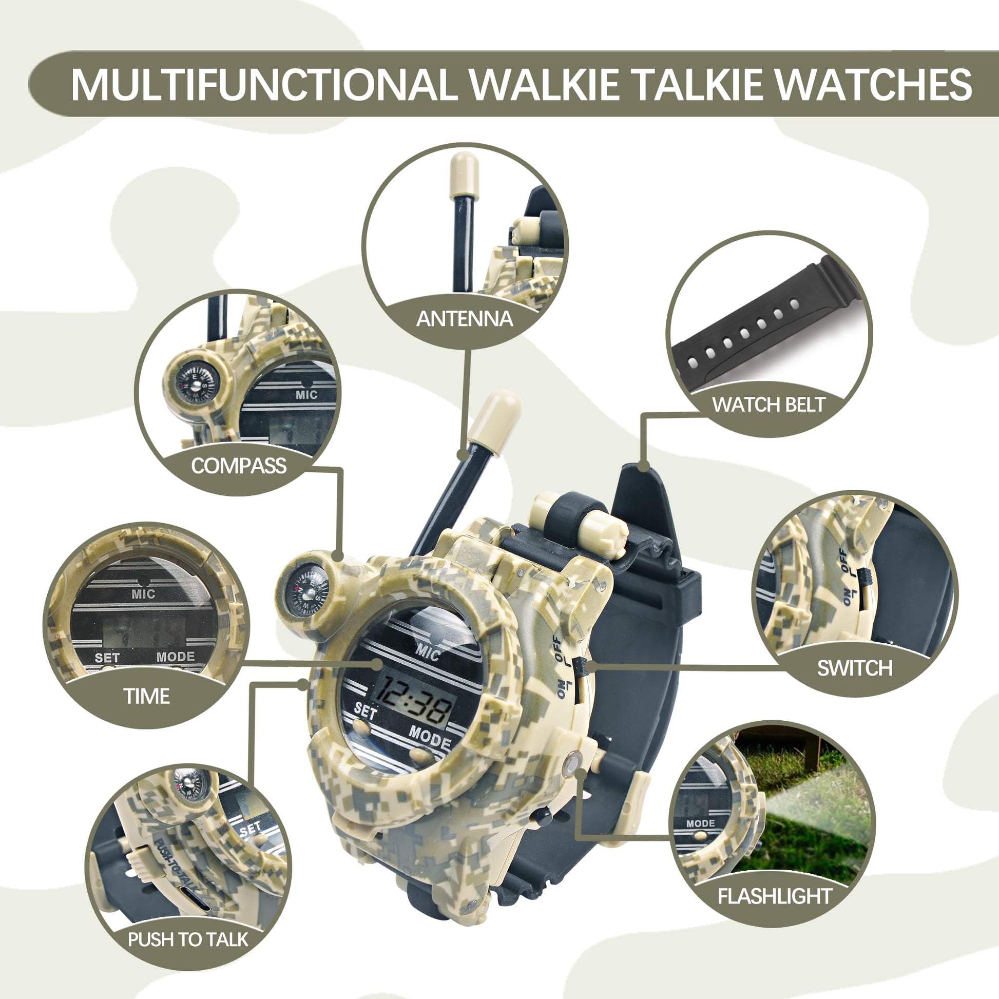 Cxjoigxi children tactical two way radio watch showing the integrated led flashlight turned on for night missions.