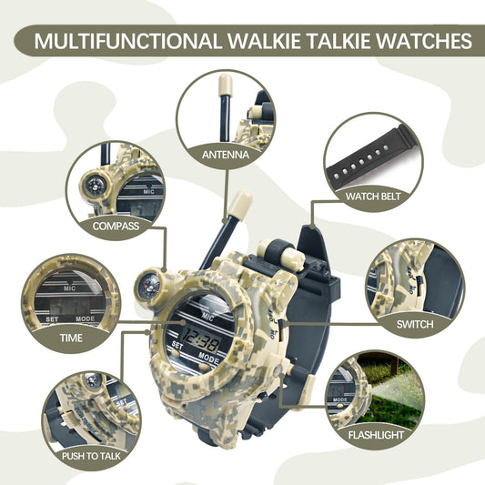 Cxjoigxi children tactical two way radio watch showing the integrated led flashlight turned on for night missions.