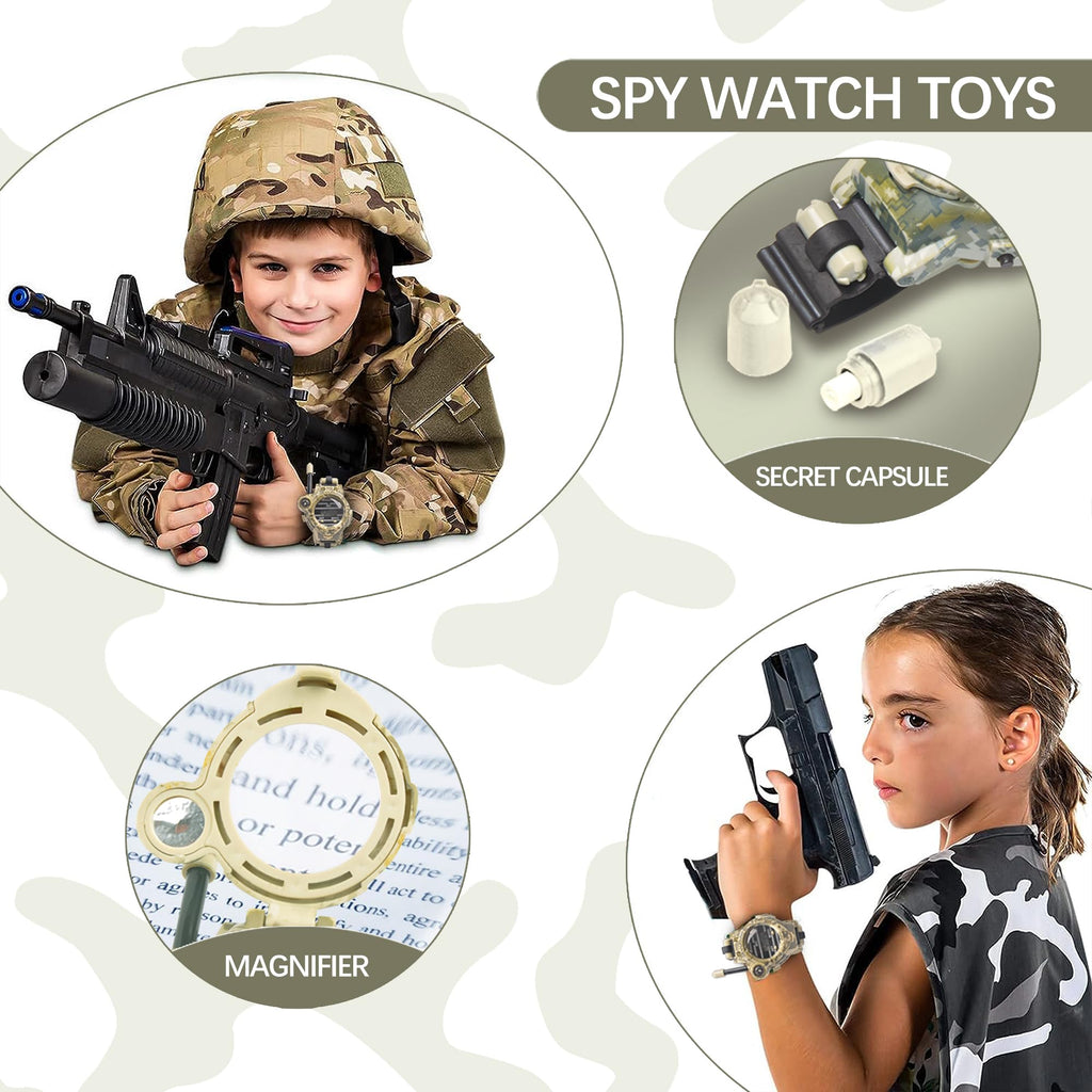 Cxjoigxi camouflage seven in one kids spy gadget illustrating the built in magnifying glass feature open for exploration.