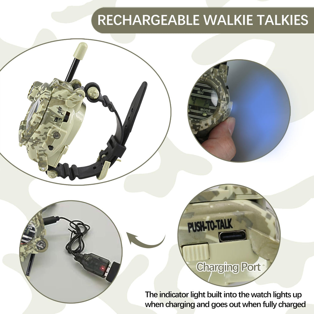Cxjoigxi wearable walkie talkies for boys and girls highlighting the side push to talk button and charging port.