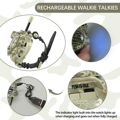 Cxjoigxi wearable walkie talkies for boys and girls highlighting the side push to talk button and charging port.