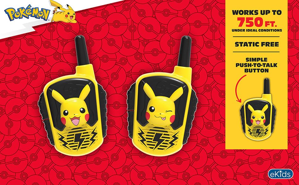Two way yellow radios featuring Pokemon graphics with wrist straps attached.