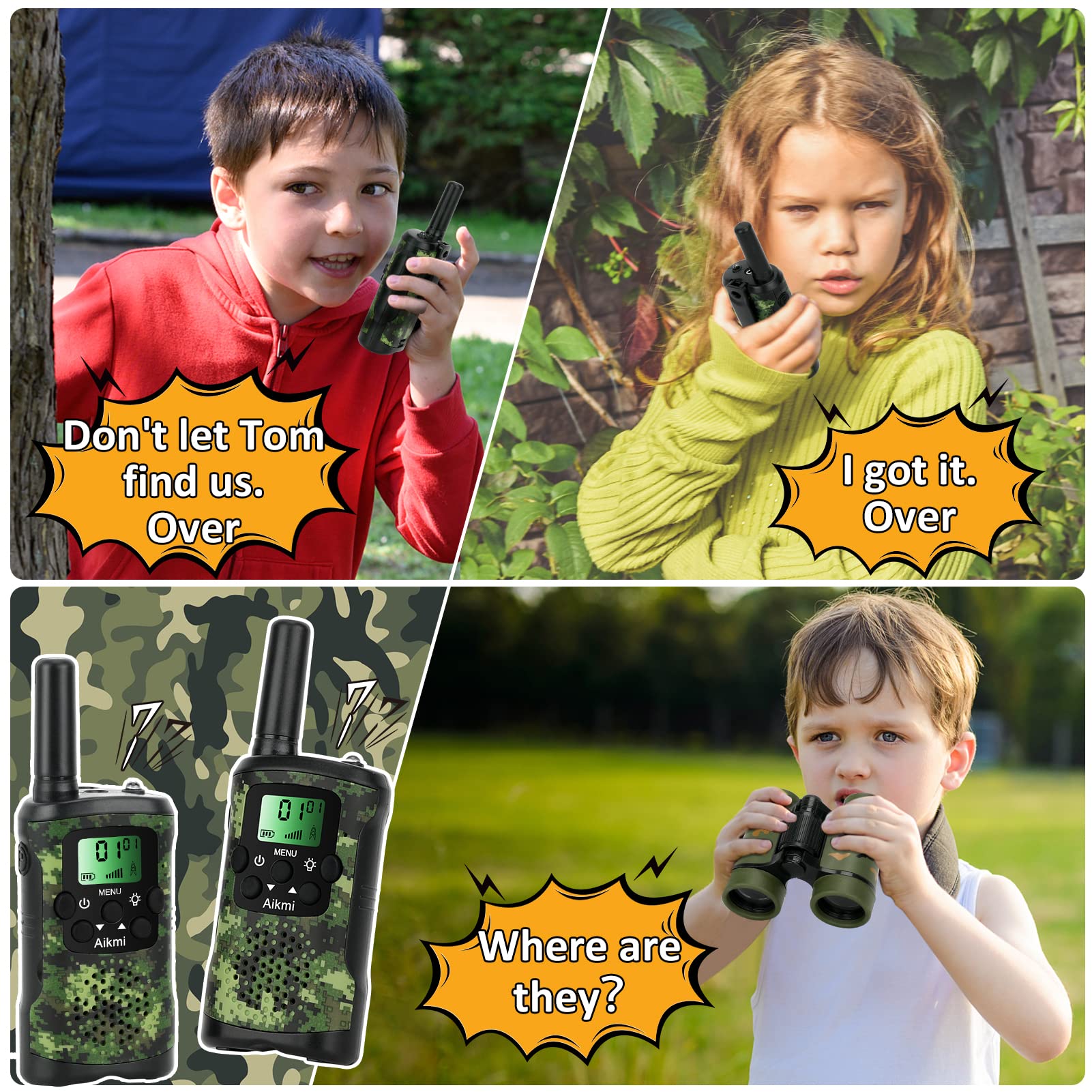Aikmi two way radios for boys showing backlit LCD display screen