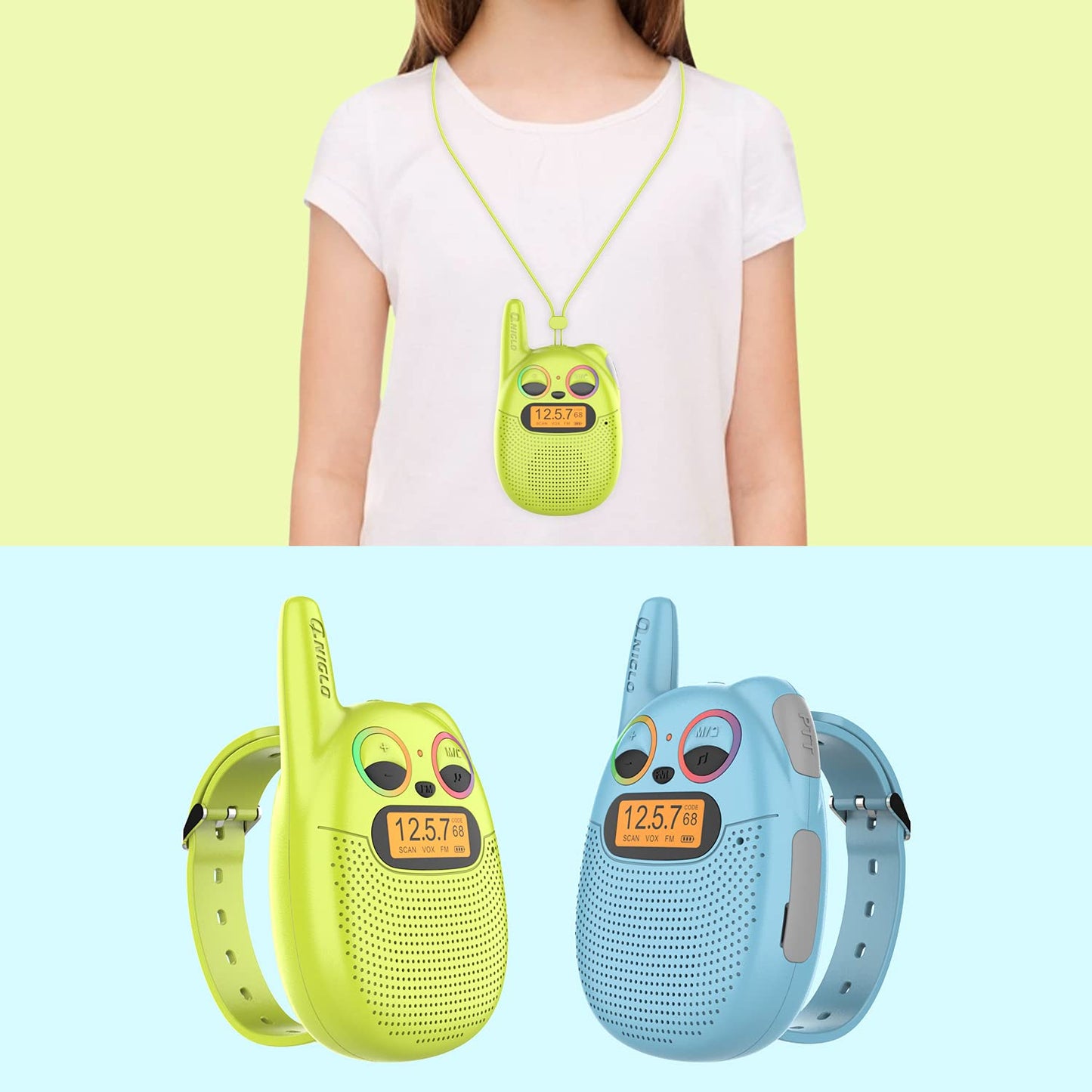 Four pack of Qniglo rechargeable communication devices with accompanying USB cables and wearable lanyards.