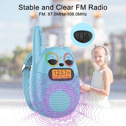 Close up view of the ergonomic layout and safe lithium battery charging port on Qniglo children walkie talkies.