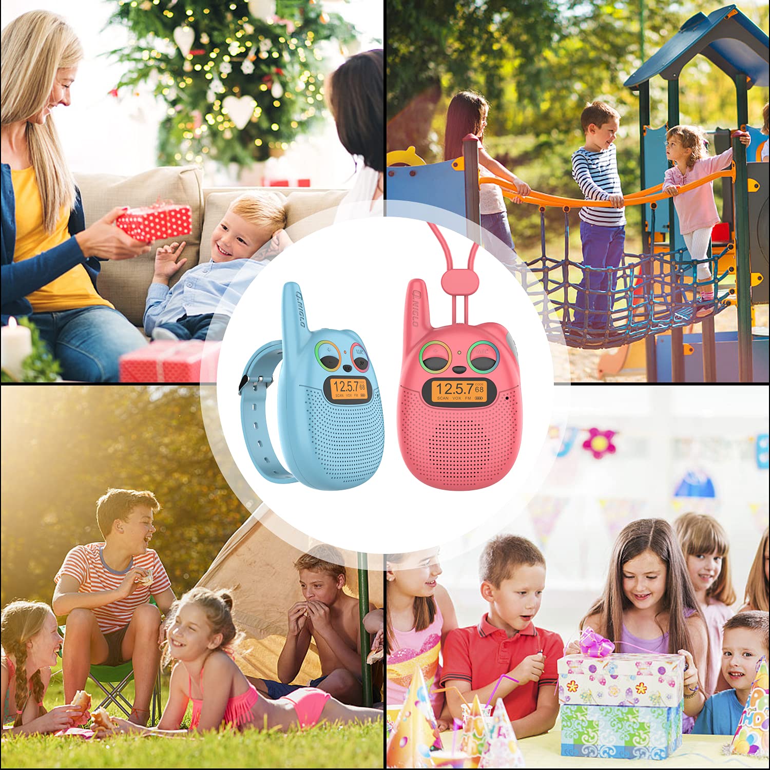 Qniglo multi pack outdoor adventure toy radios showing the premium packaging and clear channel display.
