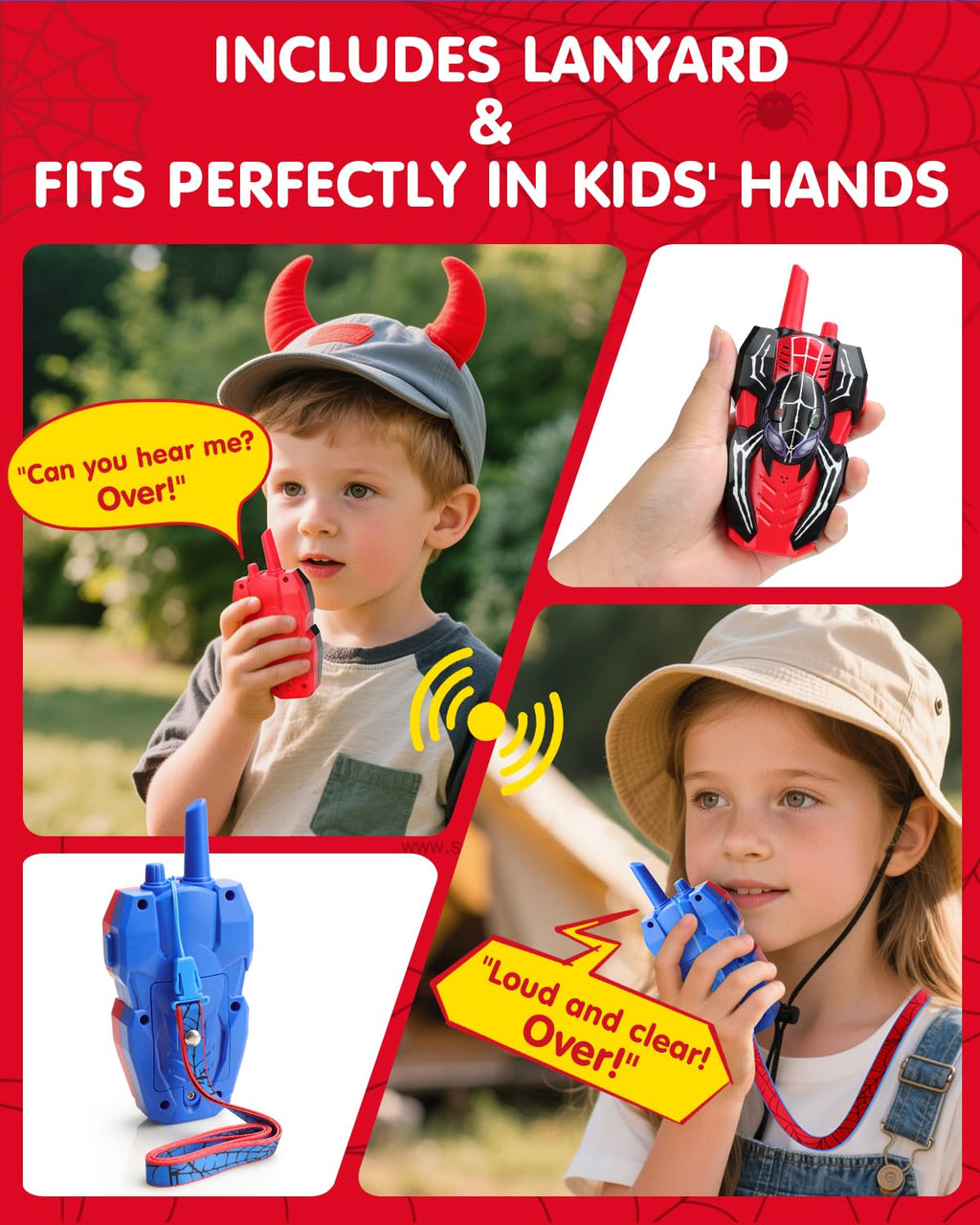Humzo two pack kids walkie talkies showcasing the simple one button operation and channel lock feature