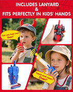 Humzo two pack kids walkie talkies showcasing the simple one button operation and channel lock feature